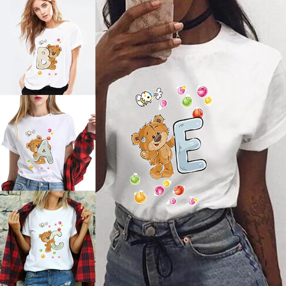 

Women Clothing Ladies Cartoon Pattern Short Sleeve Spring Summer O-neck T-Shirt Bear Printing Women's T-Shirt Casual Tops