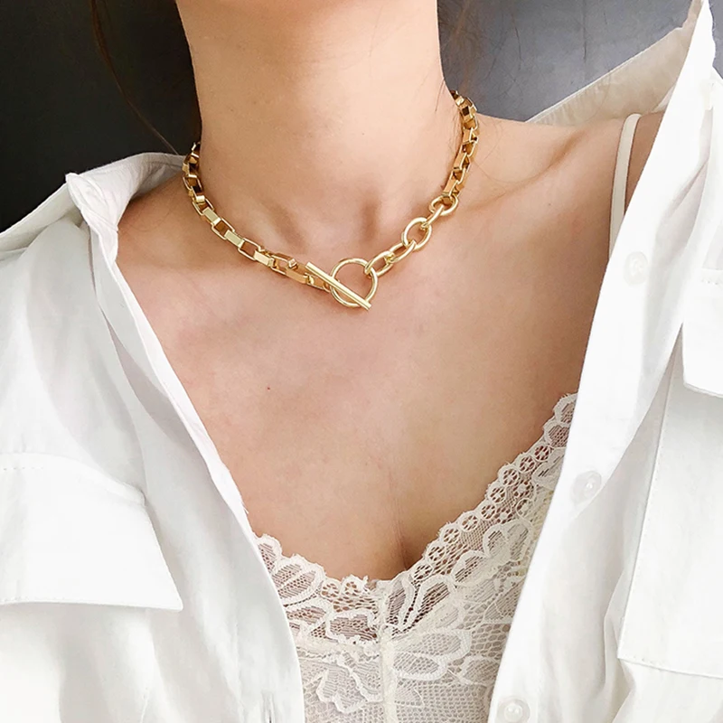 Peri\'sBox Box Chain Toggle Clasp Gold Color Necklaces Mixed Linked Circle Necklaces for Women Minimalist Choker Necklace Jewelry