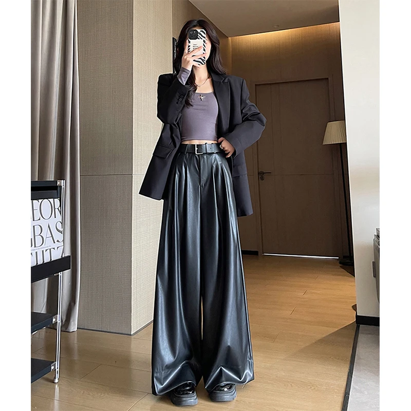 MEXZT أسود بولي Leather جلد بنطال ذو قصة أرجل واسعة النساء الشارع الشهير حزام فضفاض الأحمر دعوى السراويل الشتاء Harajuku الكورية عادية مستقيم بنطلون