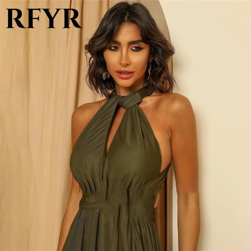 RFYR Elegant Green Evening Dress with Pleat Beach Arabic Israel Prom Dress Halter Sleeveless Formal Women Party Gown Customized