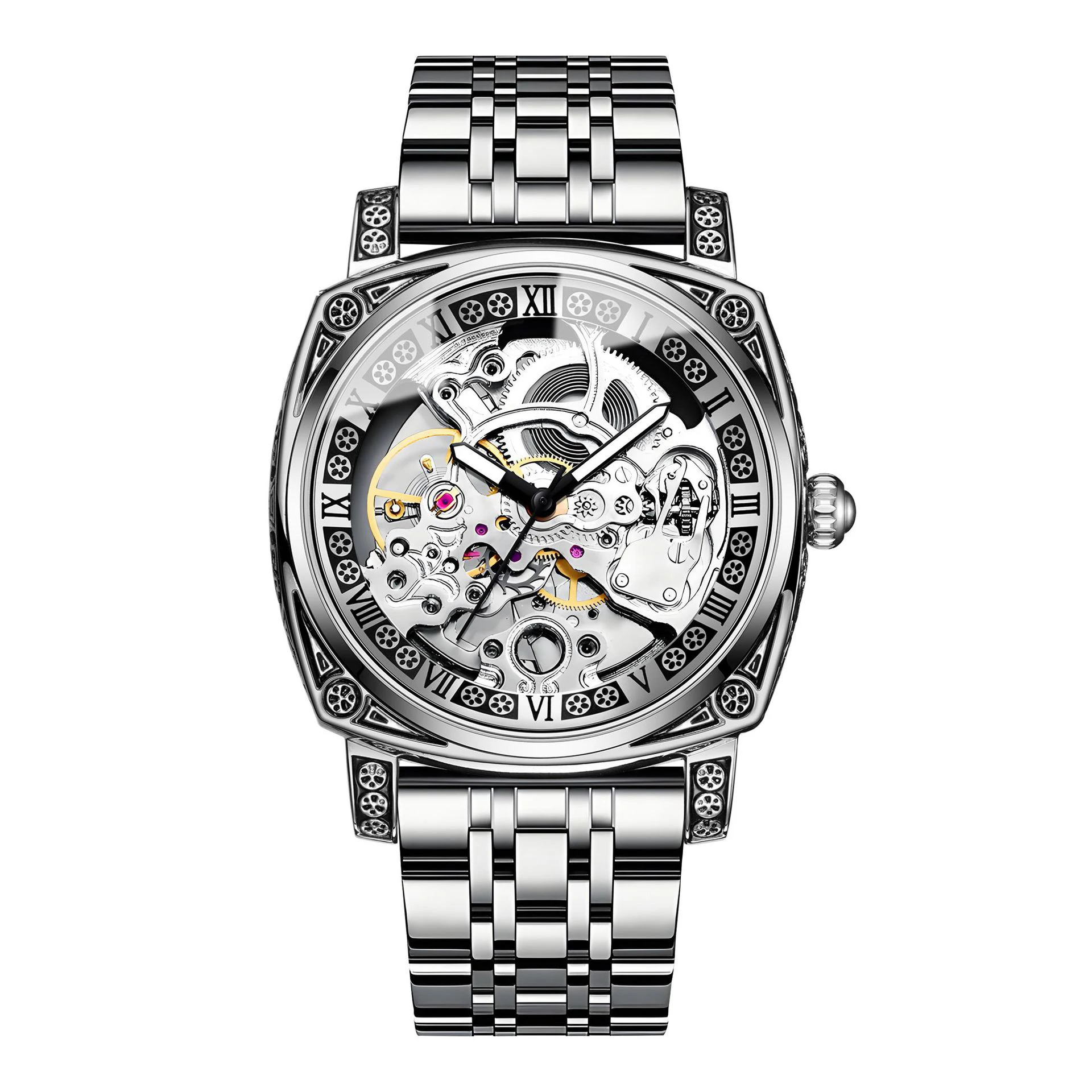 UTHAI M28 جديد عصري ساعة رجالية ضوء الليل مقاوم للماء منحوتة زهرة ساعة ميكانيكية ساعة باردة هدية ، ساعات للرجل