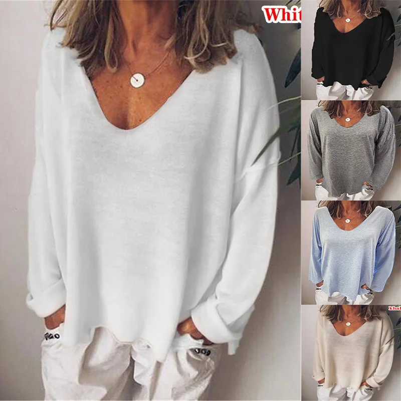 

Nice Fashion Summer New Women T-Shirt Solid Color Casual Versatile Loose Tops V-Neck Blouses Long Sleeve Shirt Perspective Y2K