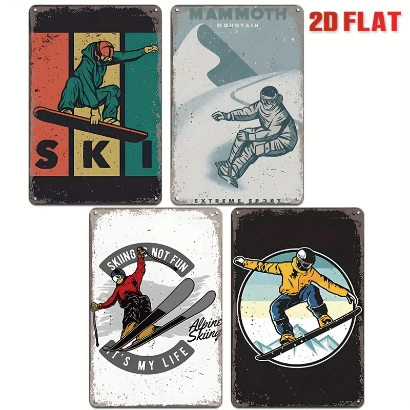 4pcs Vintage Ski Themed Metal Tin Signs Retro Skiing Wall Art With Alpine & Snowboard Designs, For Home, Cabin, Ski Resort Decor