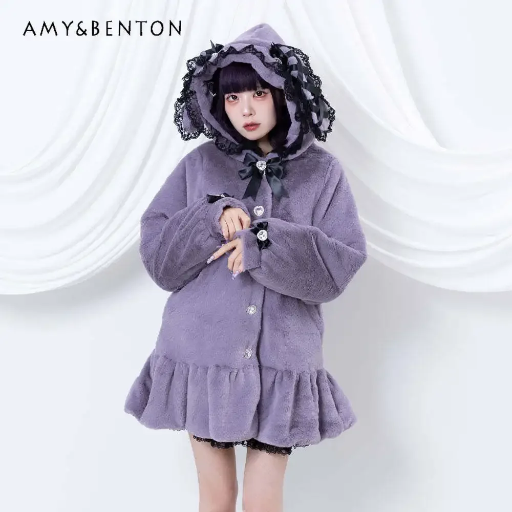 Winter New Japanese Cute Plush Bow Lace Print Hooded Cotton Jacket Loose Slim Mid-Length Clothes Sweet Kawaii Student Coat Women