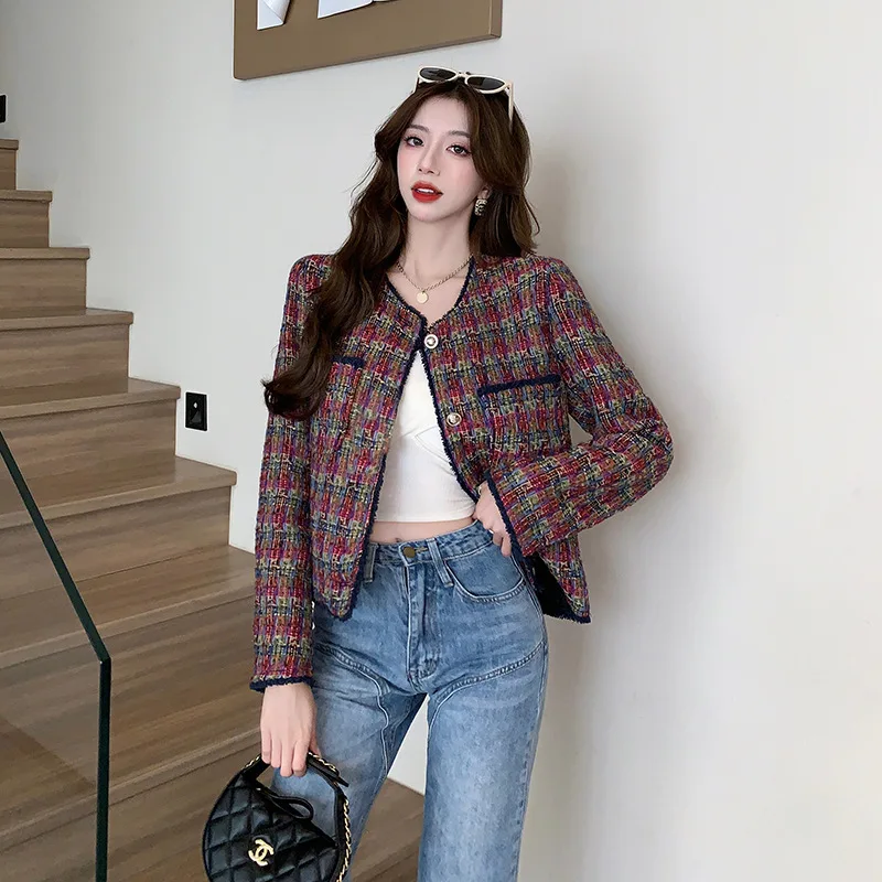 New contrasting tweed jacket 2026 autumn/winter woven small fragrant style women's top