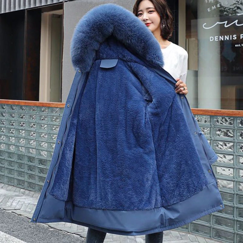 Big Fur Collar Cotton Parkas Women Fashion Long Sleeved Winter Padded Thickened Warm Skinny Jacket Casual Elegant Solid Outwear