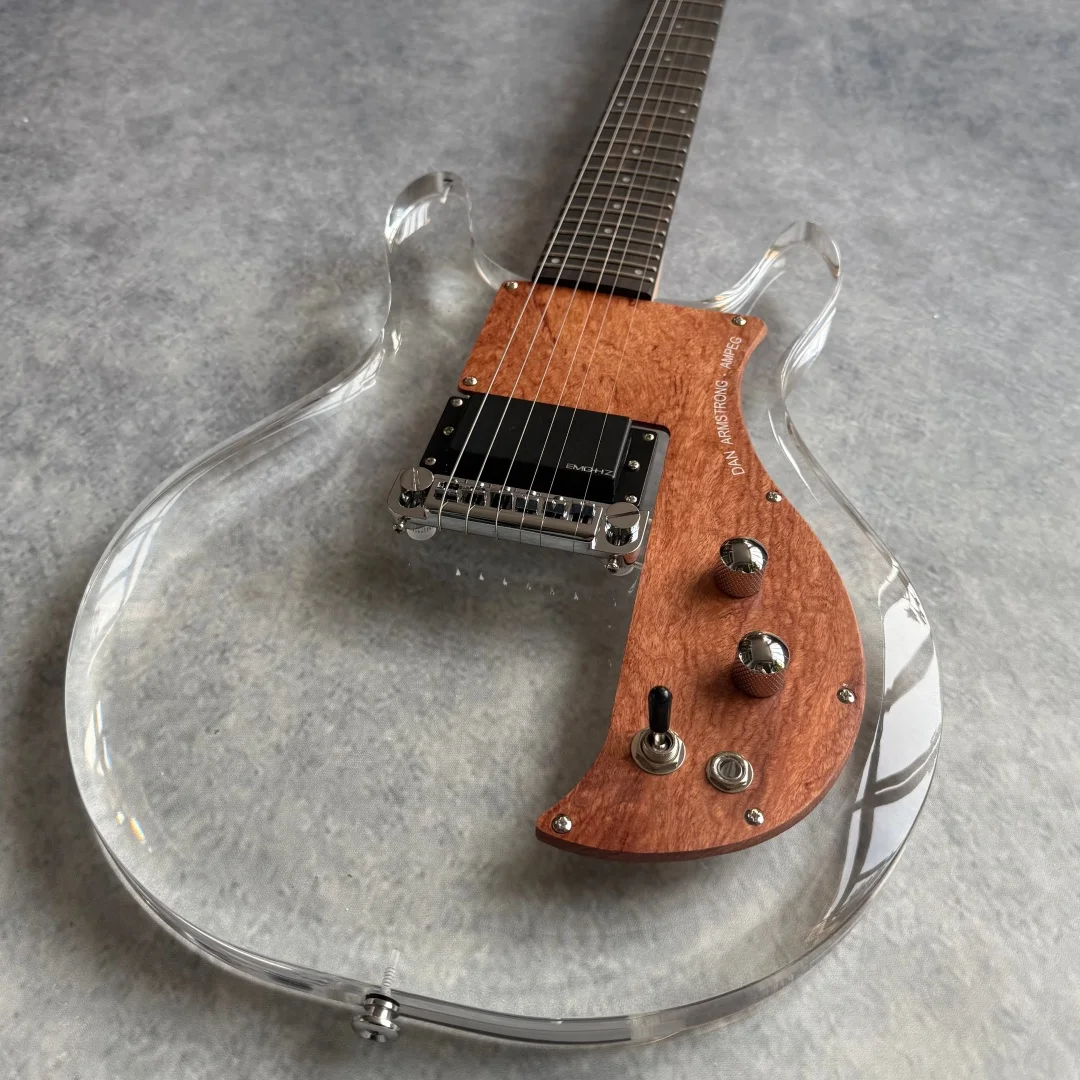 6 String Acrylic Clear Body Electric Guitar, Wood Control Plate, Single Humbucker Pickup, Chrome Hardware for Stage Performance