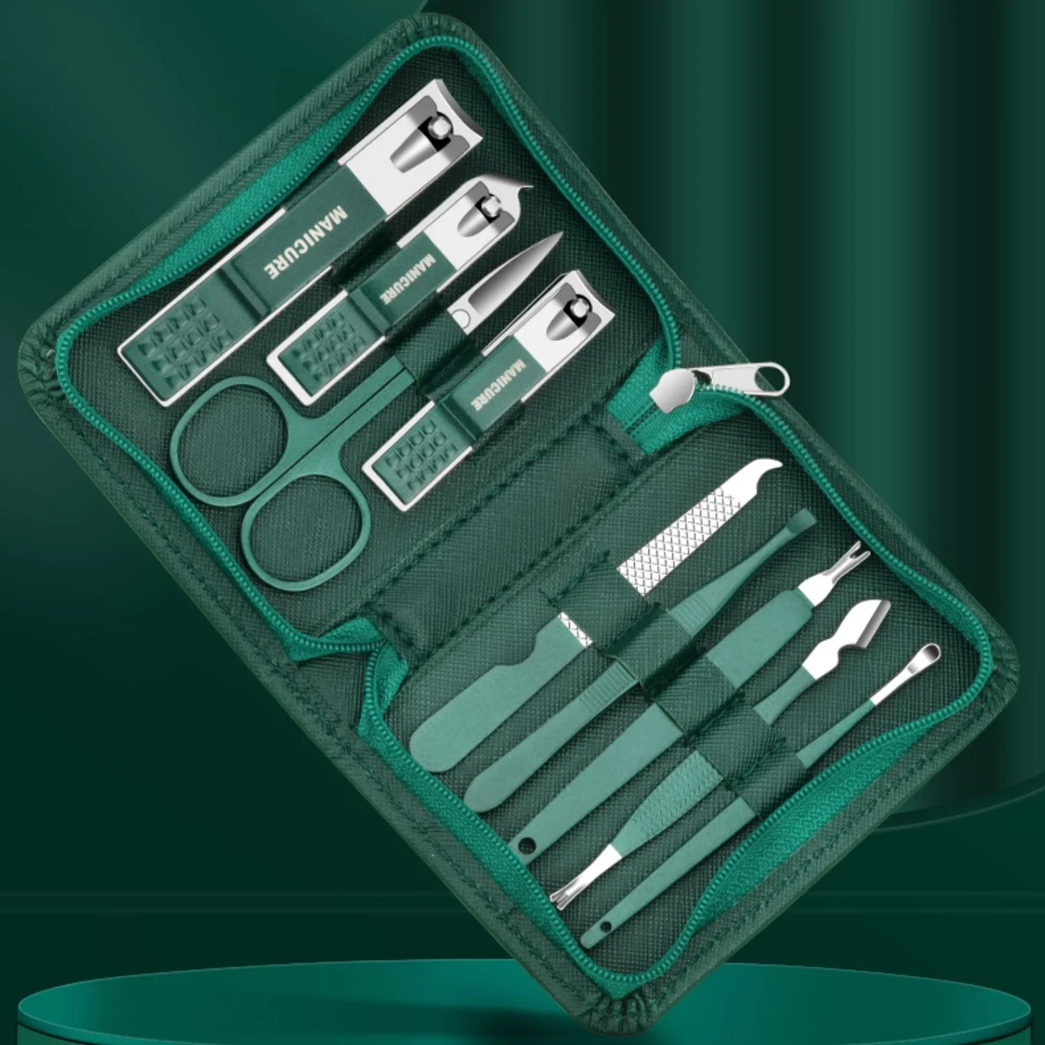 

Green 9 Pcs Manicure Set With Leather Case Professional Foot And Face Care Tool Kits Stainless Steel Nail Clipper Sets Gift
