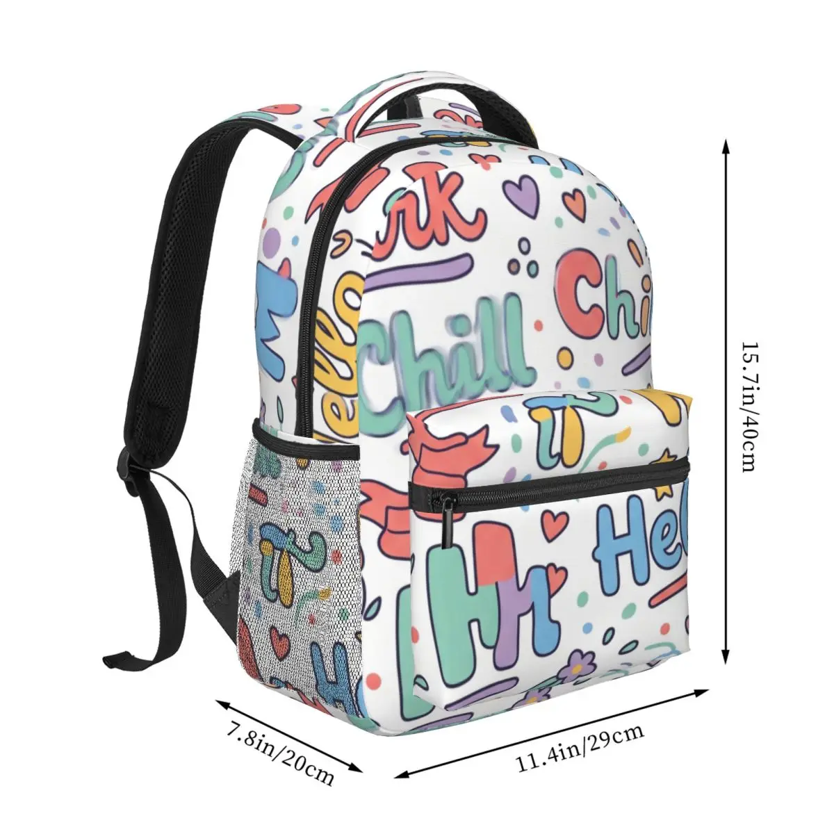 Soft Aesthetic Student Backpack Typography Hello Sweet Words Cute Kawaii Colorful White Daypack for College Class Weekend Gift