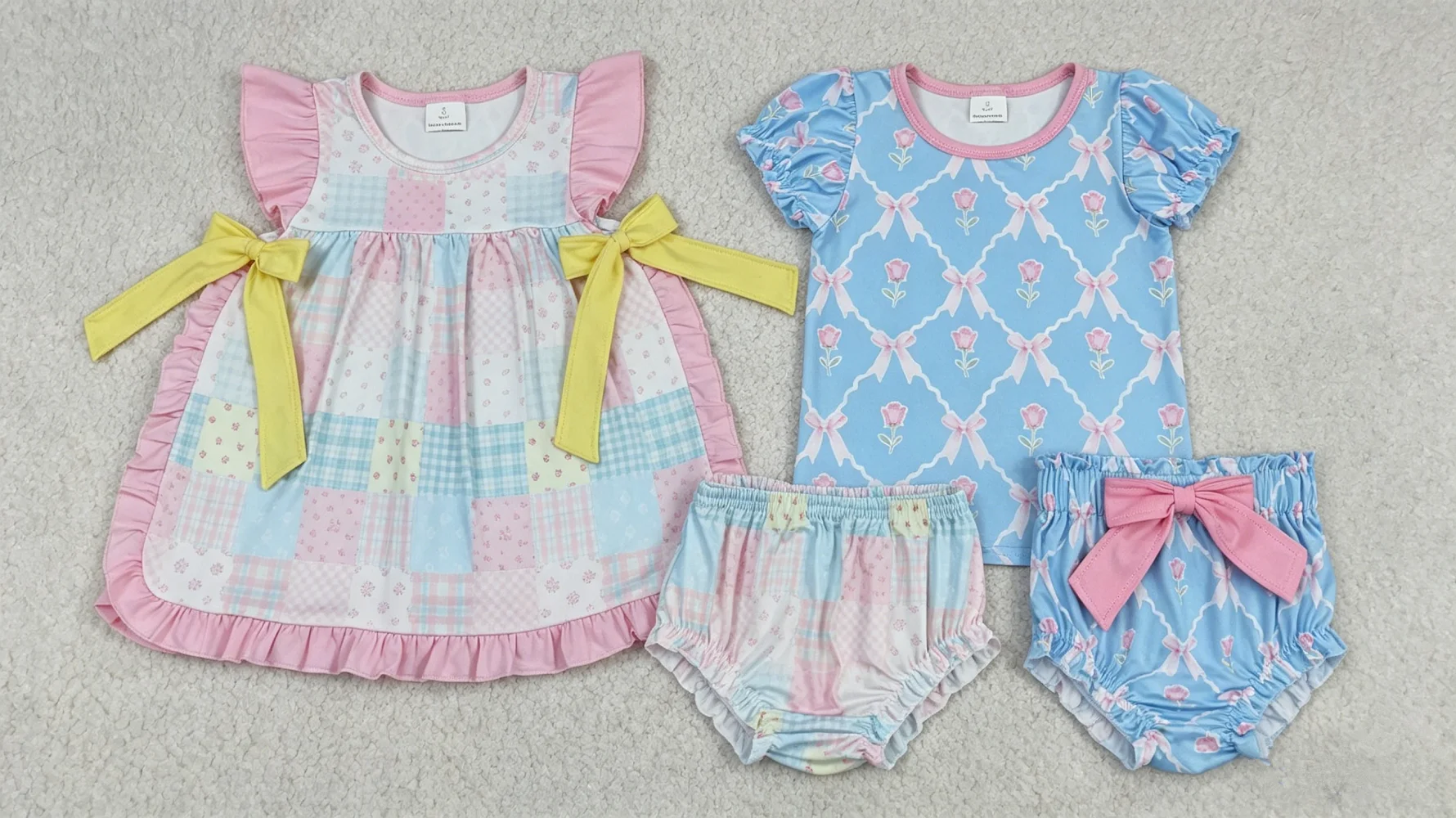 Wholesale Infant Baby Girl Outfit Toddler Kids Short Sleeves Flower Bows Tunic Plaid Set Bummie Shorts Children Floral Clothing