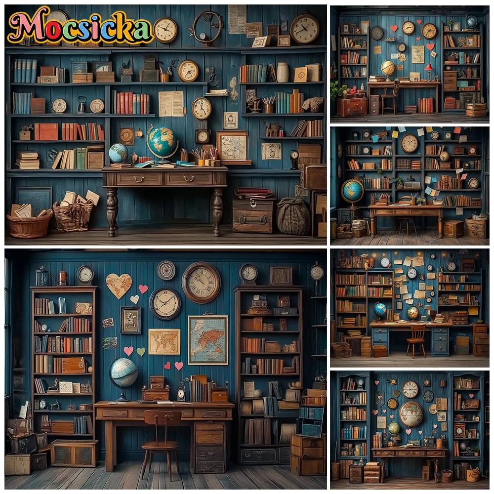 Mocsicka Blue Bookstore Background Photography Shooting Bookshelf Wallpaper Party Decor School Students Portrait Photo Backdrops