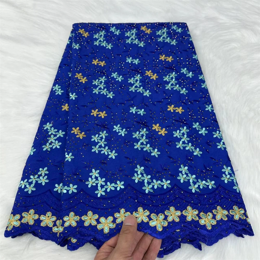 New Blue Swiss Lace Fabric Blue Embroidered Fabrics with Rhinestones for Sewing Nigerian Traditional Women Robe 5yards Material