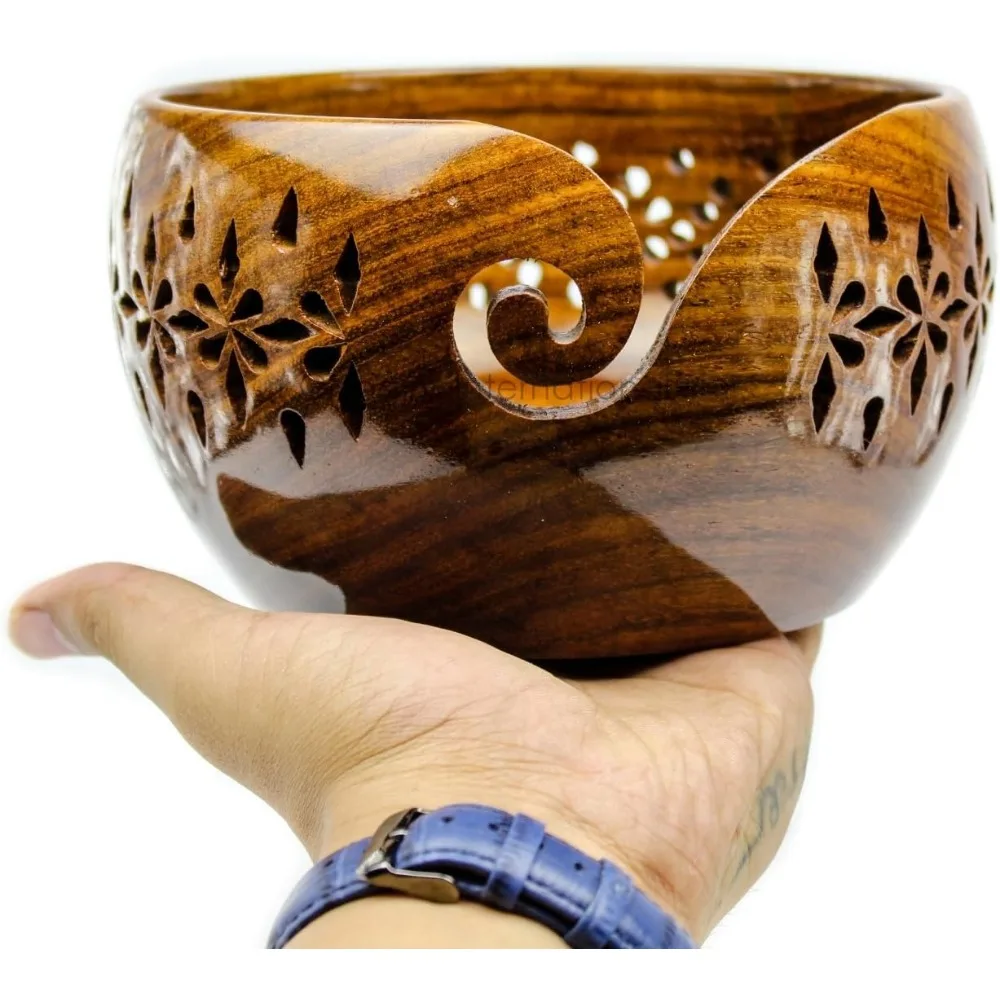 

Large Rosewood Yarn Storage Bowl with Carved Holes for Knitting and Crochet Accessories