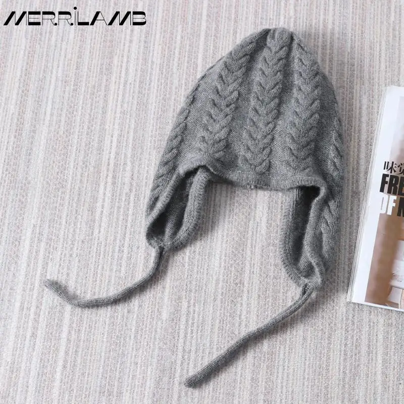 Knitted Cashmere Warm Trapper Hat Winter Women Wool Hats Bomber Hats Casual Adult Caps Ear Flaps Bomber Caps For Women\'s Bone