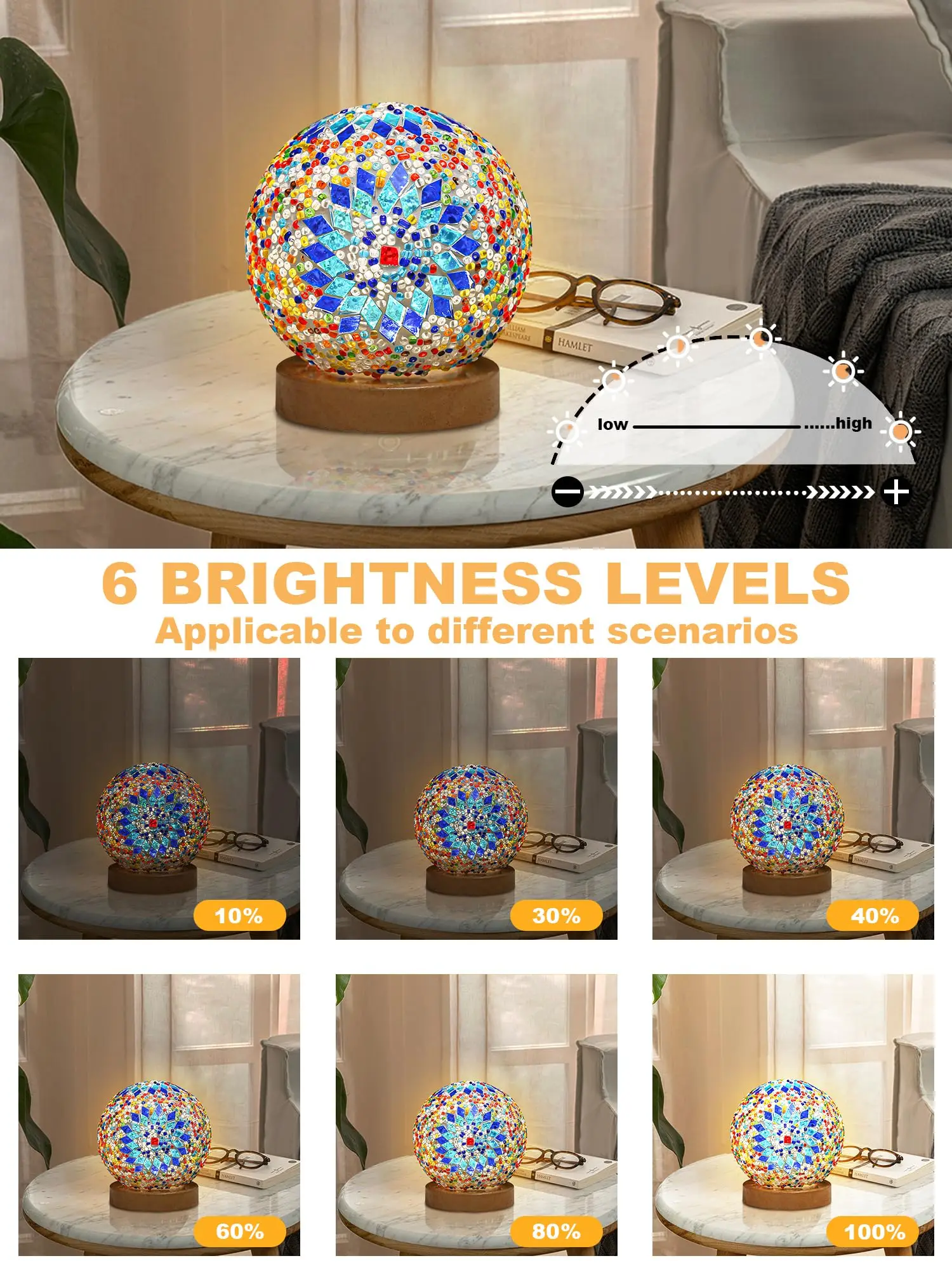 Turkish Table lamp,Bedside Lamps with Wooden Base,Bohemian Tiffany Style Bedroom Lamps,Moroccan Lantern for Office Decorations