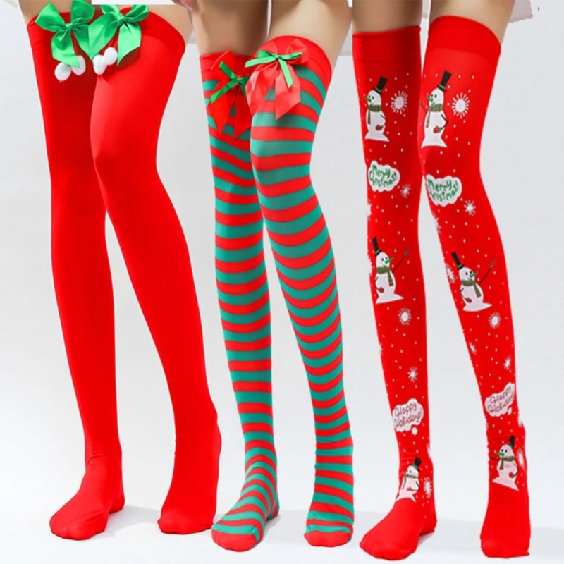 3Pairs Christmas Striped Thigh High Stockings with Bowknot Festival Over the Knee Long Tube Socks Cosplay Party Hosier for Women