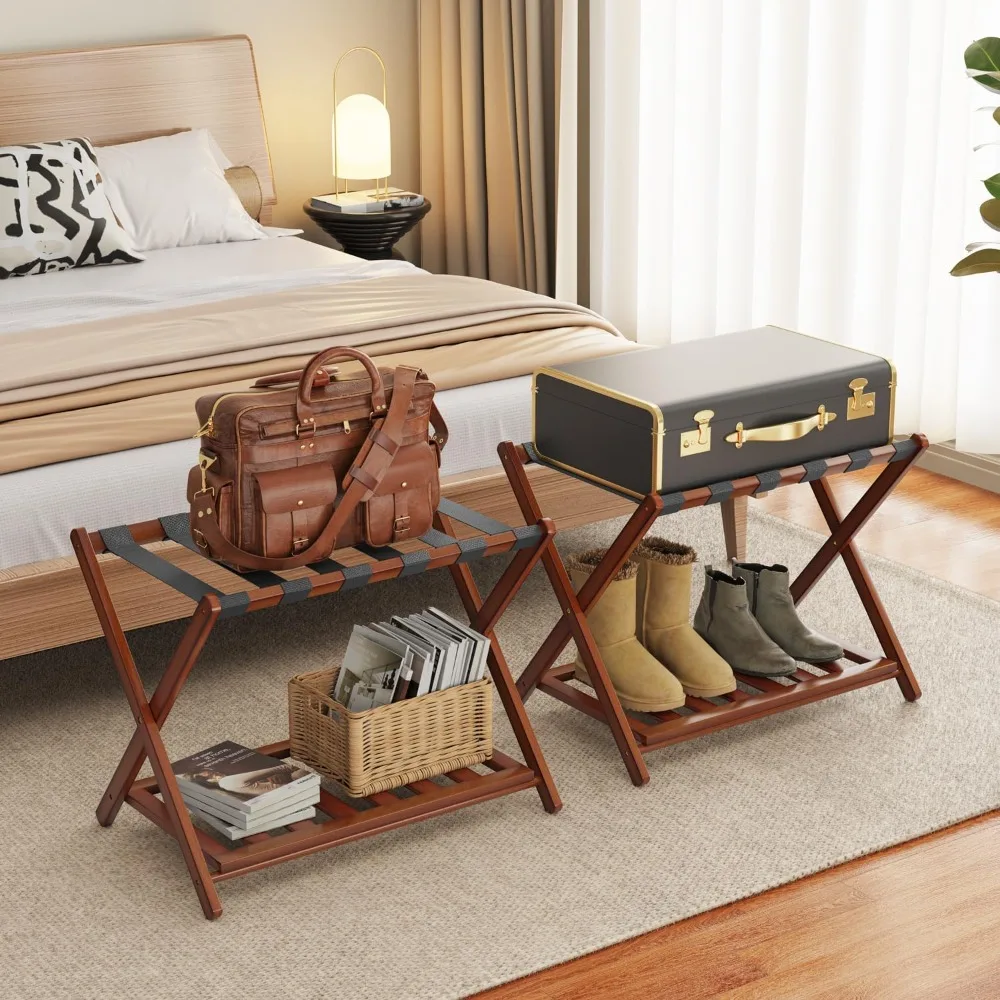 

2 Pack the bamboo Luggage Rack with Storage Shelf, , 26.77" Folding Wide Suitcase Stand, Luggage Rack for Suitcases