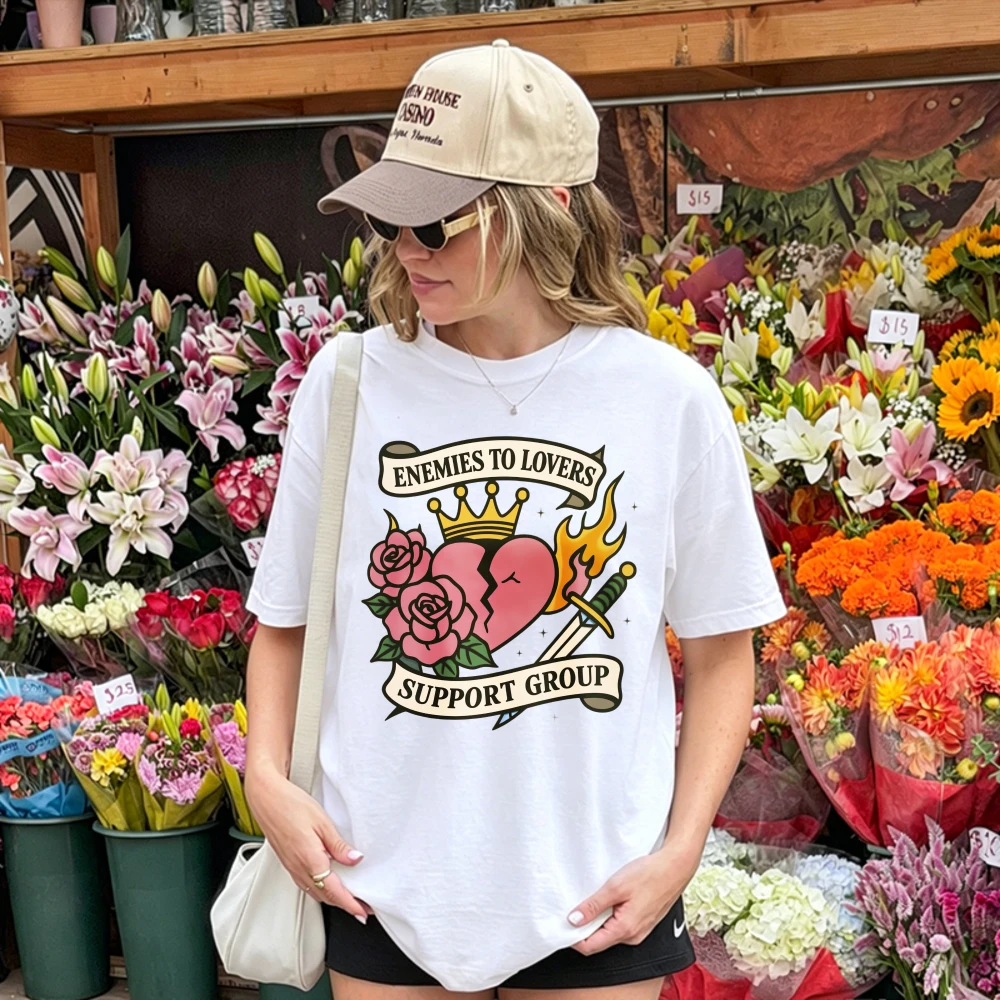 Enemies To Lovers Support Group Graphic T-Shirt Vintage Tattoo Heart Sword Rose Dark Romance Book Lover Summer Fan Gift Tee