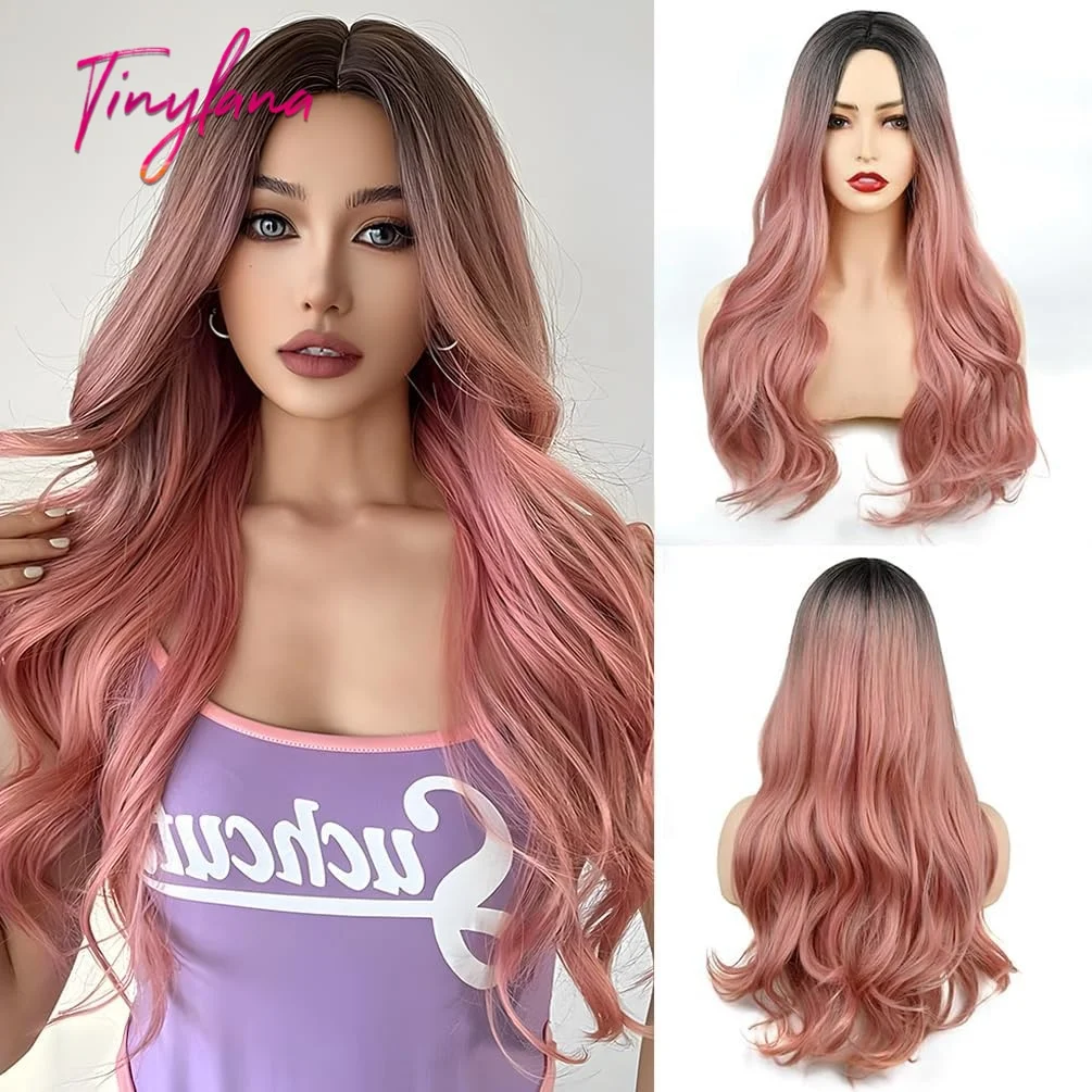 

Розовый вьющийся синтетический парик с эффектом омбре, женский с длинными коричневыми париками, термостойкие волнистые волосы для косплея для женщин, натуральные повседневные вечерние Лолита