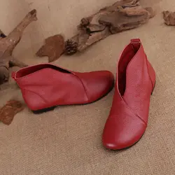 Winter New Red Women's Genuine Leather Ankle Boots Fashion Ladies V Neck Designer Retro Style Fall Woman Slip On Chelsea Boot