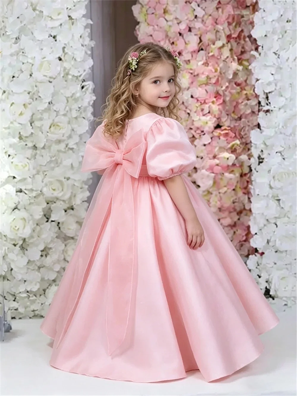 Custom light luxury dress women wedding guest gown girls wedding gown birthday party pageant puff sleeve satin long ball gown