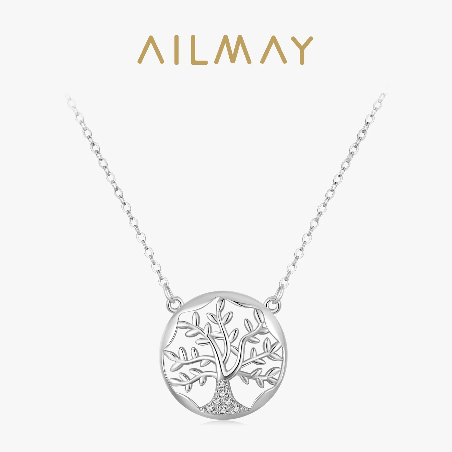 Ailmay Fashion 925 Sterling Silver Tree Of Life Popular Pendant Necklaces Clear Zircon For Women Girls Party Accessories Jewelry