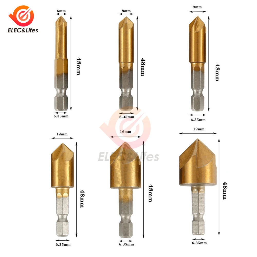 6pcs Countersink Drill Bit Set 1/4'' Hex Shank HSS 5 Flute Countersink 90 Degree Wood Chamfering Cutter Chamfer 6mm-19mm