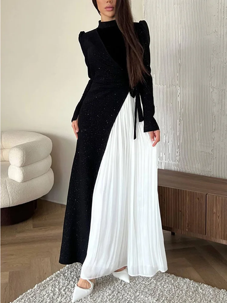 CHICEVER Hit Color Pathwork Folds Chic Dresses Women Stand Collar Long Sleeve High Waist Spliced Sequined Pollover Dress Female