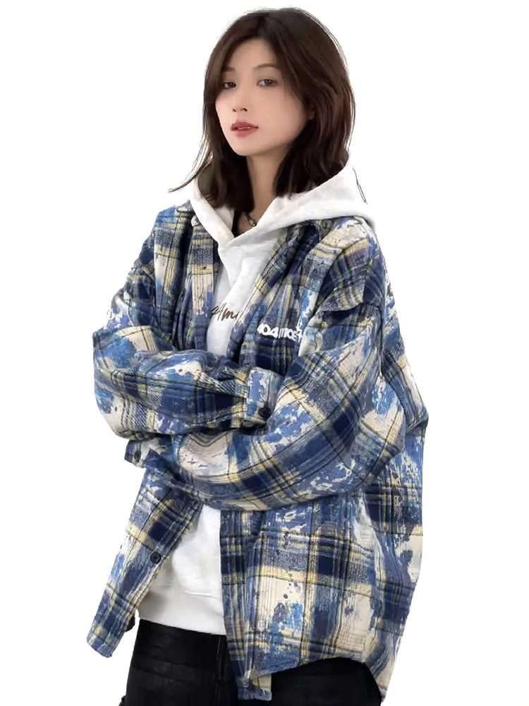 Blue Purple Dyed Plaid Long Sleeve Men's Shirt Cleanfit American Retro Outerwear Loose Fit Youthful Style Sun Protection Spri...