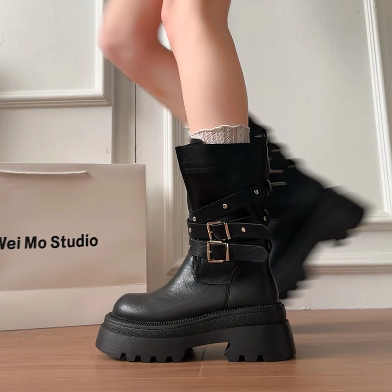 Lined Warm Women Platform Mid Calf Boots Multi Buckle Strap Faux Leather Shoes Casual Autumn Thick Sole Motorcycle Boots