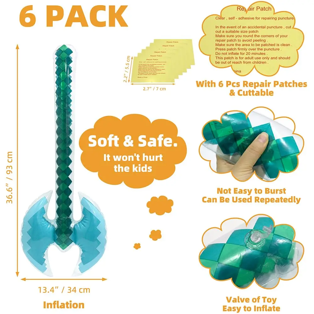 Fun Blow Up Pickaxe Swords Knife Toys Pirate Party Supplies, 6 Pack Diamond Pixel Craft Pick Axe Mattock Hoe Shovel Hatch