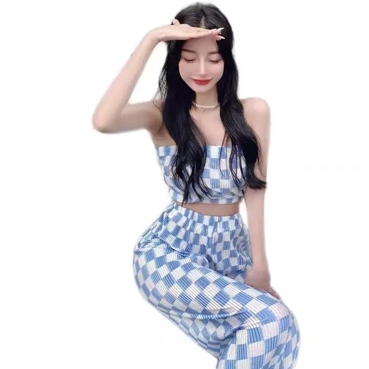 2 Piece Set Women Strapless Crop Top + Wide Leg Pants Suits Female Sexy Outfits For Woman Ins New Summer Fashion Casual Plaid