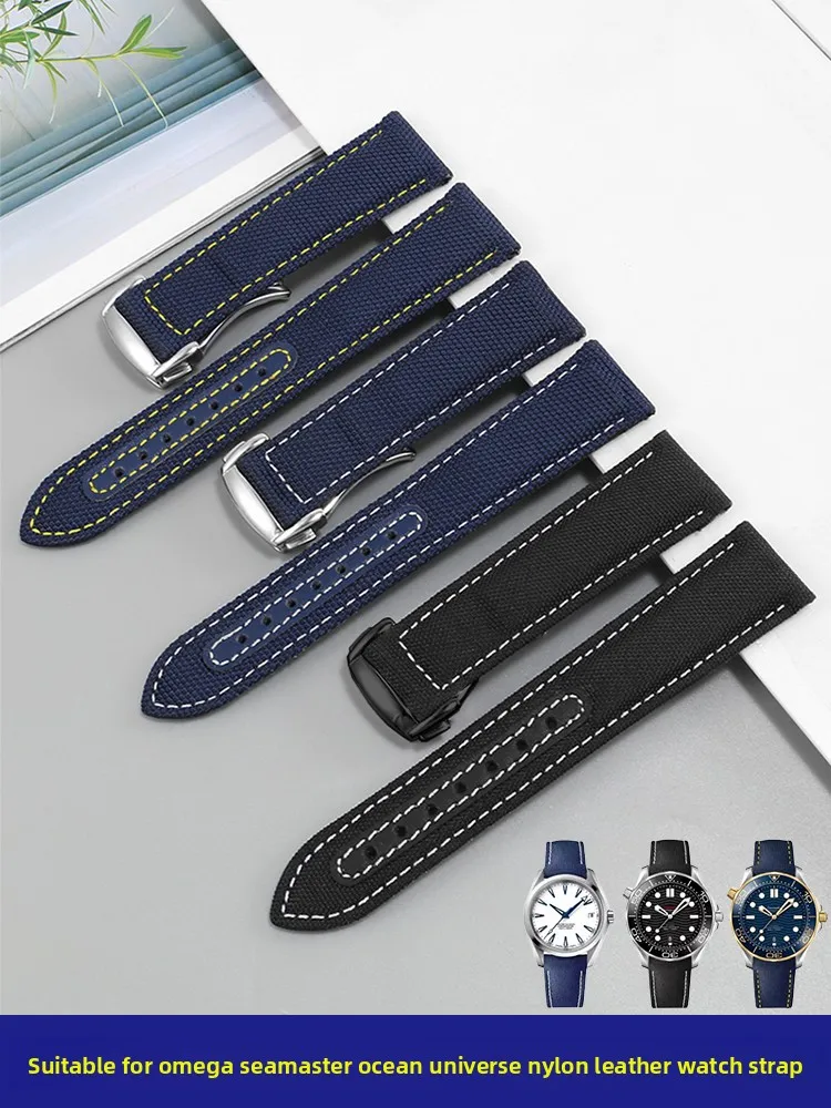 Nylon Canvas Cowhide Strap for Omega Speedmaster AT150 Gold Pin Captain New Seahorse 300 Folding Buckle Men