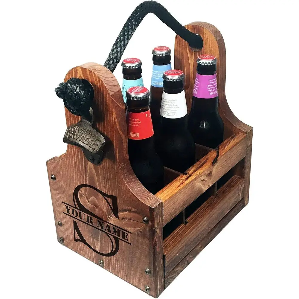 

Solid Wood 6-Pack Bottle Carrier with Rustic Iron Opener and Magnetic Closure - Perfect for Gifts and Celebrations