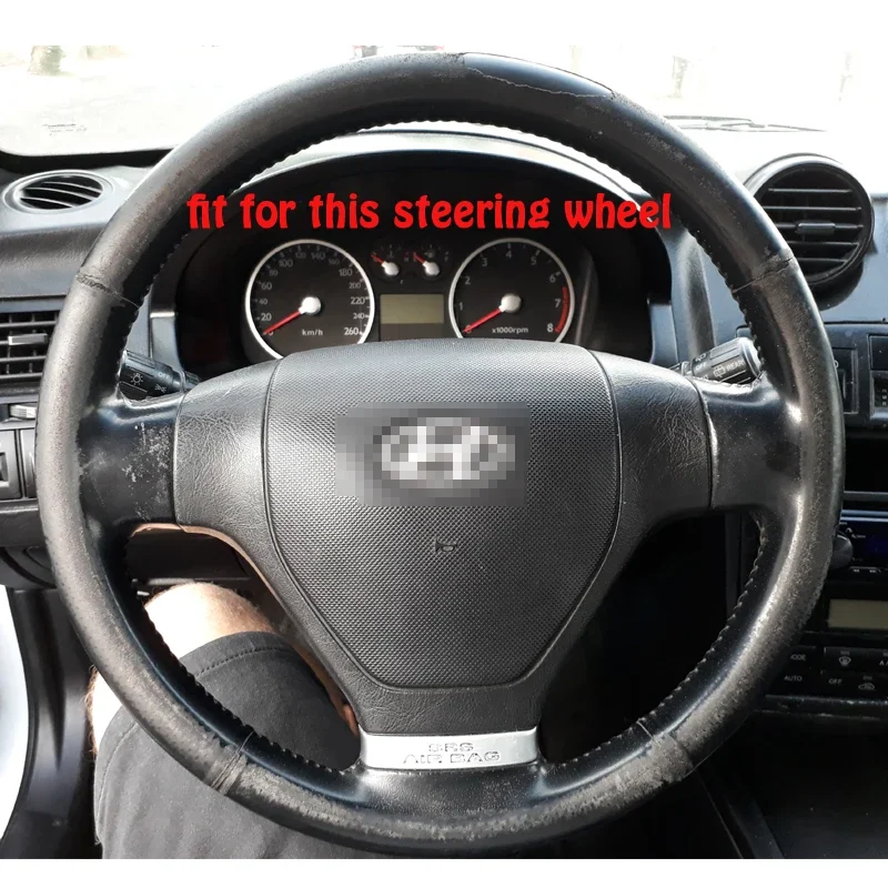 smRKE For Hyundai Coupe Steering Wheel Cover DIY Hand-stitched Black Leather Red Thread Car Interior Case Top Leather