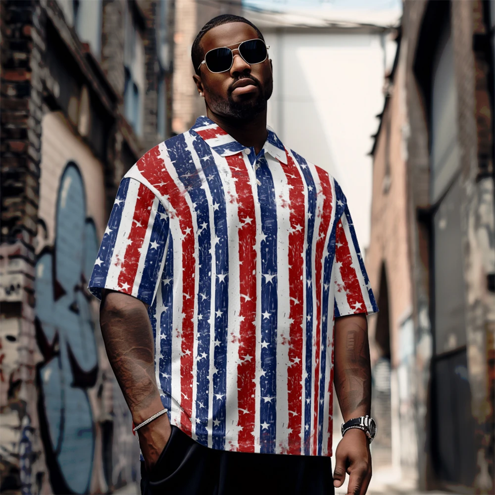 

Large men's summer short sleeved lapel Red blue and white star stripe color short sleeve Daily casual button polo shirt