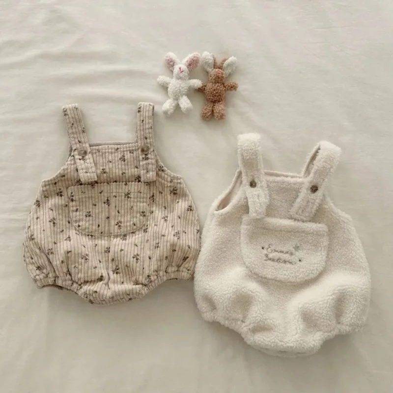 

2025 Winter New Baby Sleeveless Strap Bodysuit Infant Girl Floral Fleece Overalls Toddler Thick Warm Jumpsuit Baby Clothes 0-24M