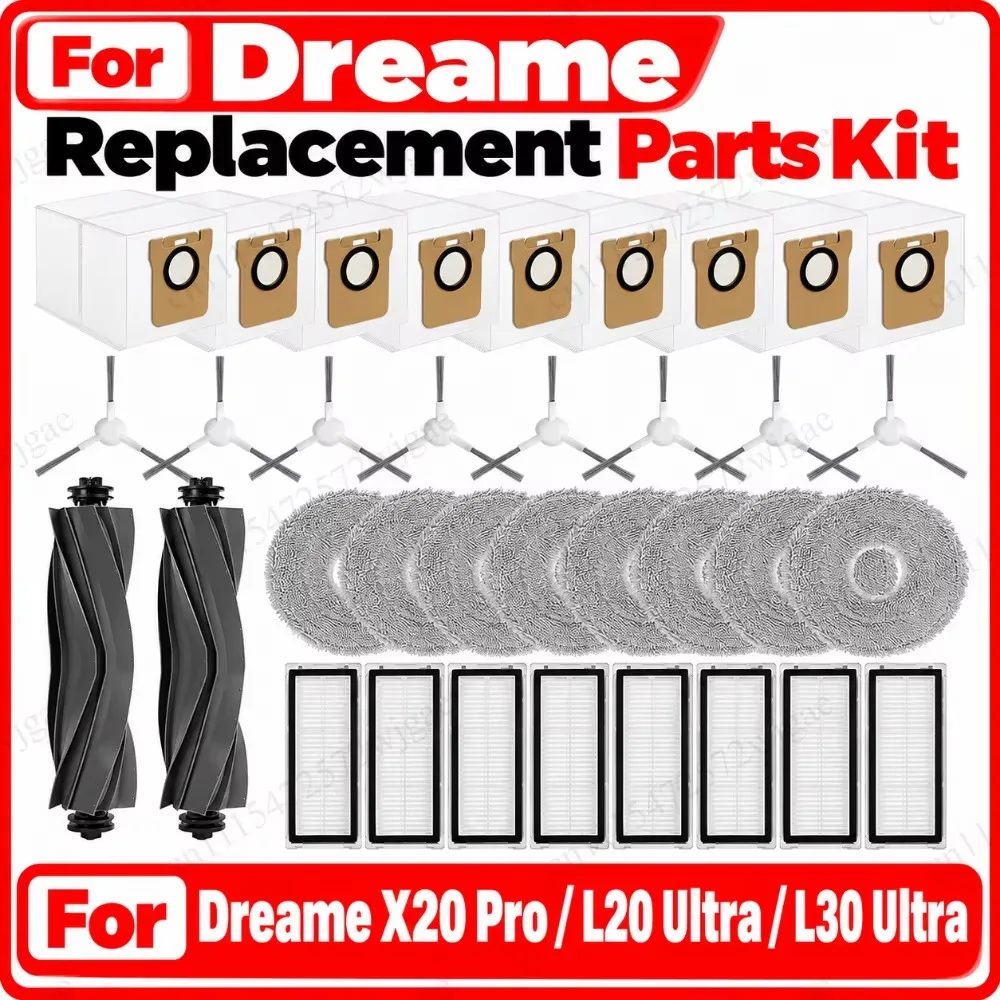 Perfect Fit Replacement Parts Kit For Dreame X20 Pro L20 Ultra L30 Ultra Robot Vacuum HEPA Filters Dust Bags Brushes Mop Cloths