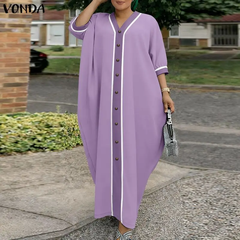 

Fashion VONDA Summer Women Plus Size Dresses Patchwork V Neck Loose 3/4 Sleeve Long Maxi Dresses OL Party Vestidos Streetwear