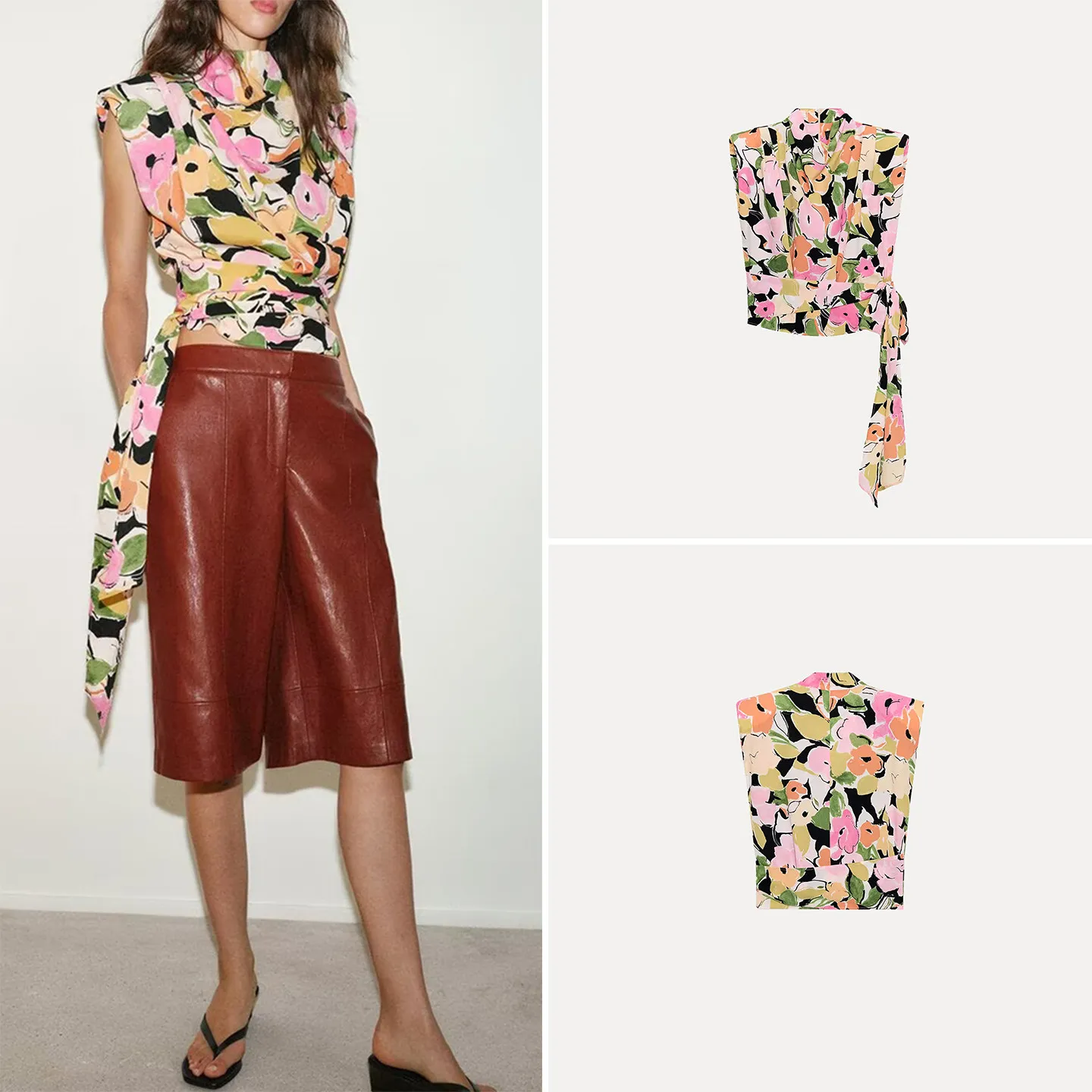 

Women's Casual Style Floral Print Sleeveless Stand Collar Shirt with Belt Spring 2026 New Arrival Young Women's Fashion