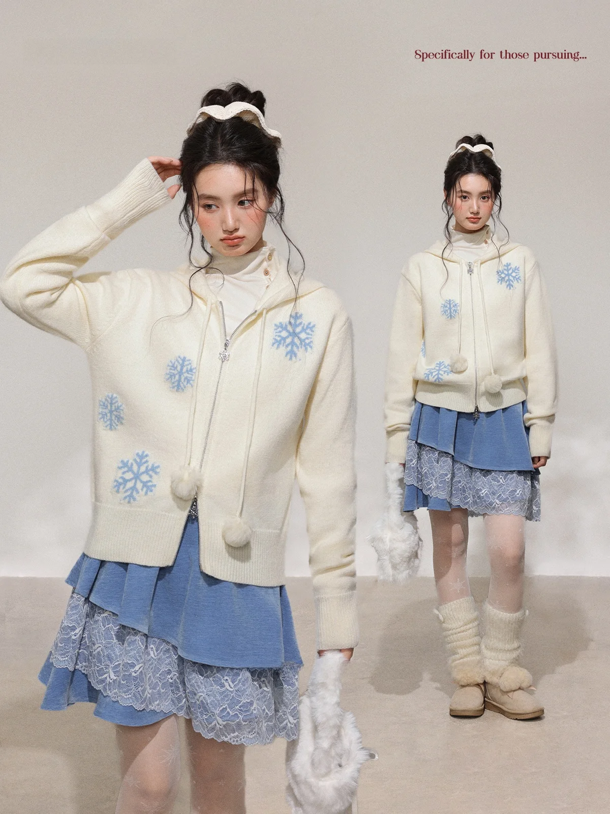 

Sweet Snowflake Sweater plus Size Winter Cardigan Comfortable Loose Fit High Waist A-Line Skirt Long Sve Zipper Closure