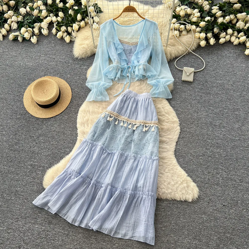 

Temperament Two-piece Set Spring Flounce Sun-protective Three Quarter Sleeve Shirt Office Lady Tassel Elastic Waist Tiered Skirt