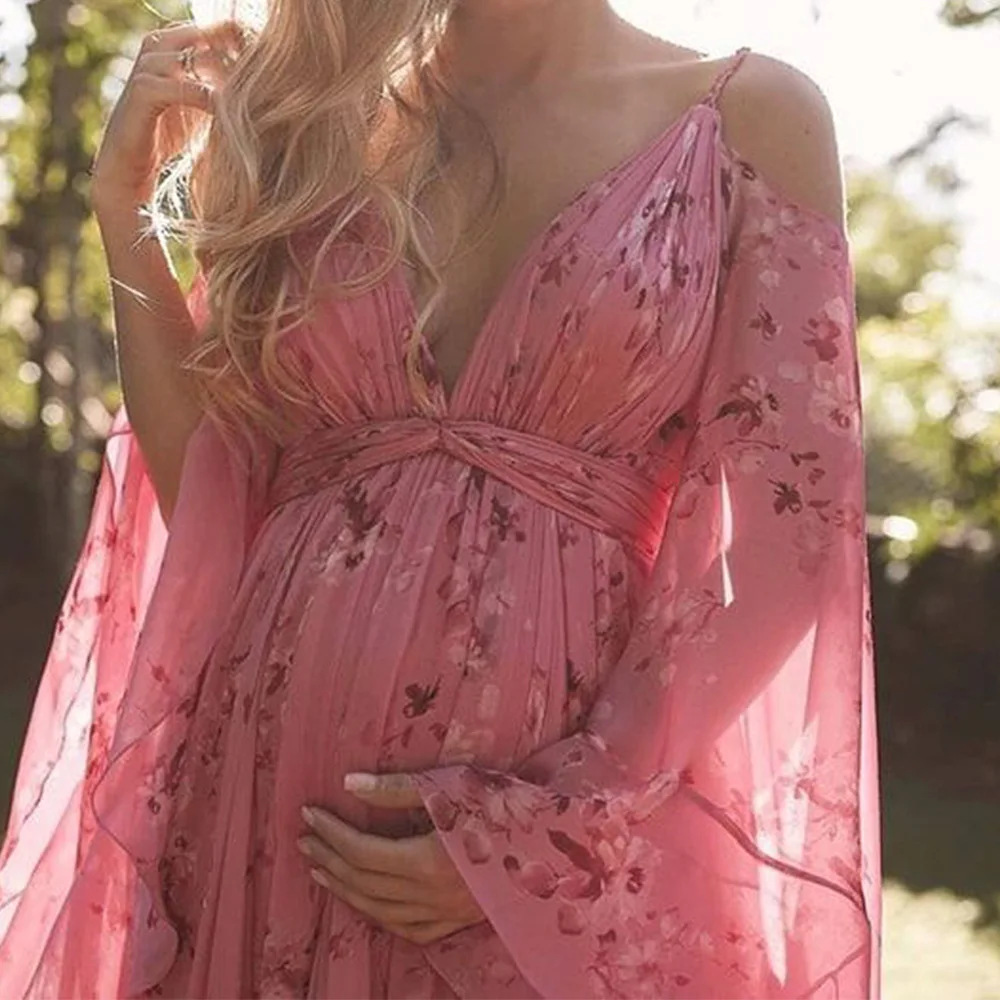 Maternity Dresses for Photo Shoot Floral Suspender Deep V-neck Printed Sexy Bat Sleeve Pleated Floor Length Skirt Baby Showers