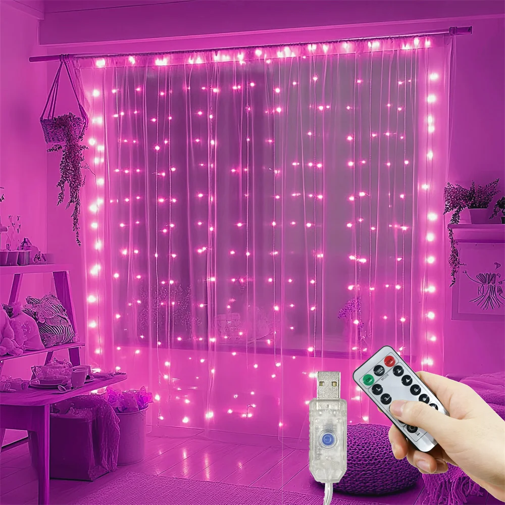Garland 8 Modes LED Wedding Curtain Lights Curtain Fairy Light USB Plug Valentine's Day Ramadan EID Mubarak Decoration for Home