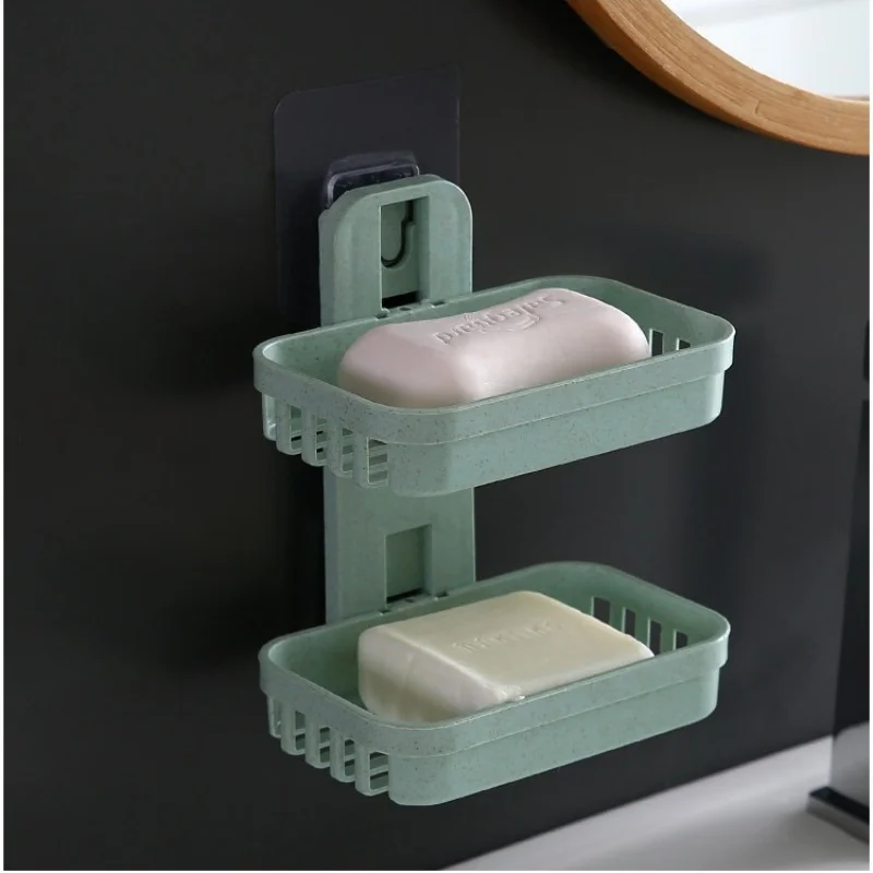 Wall Mounted Double Layer Soap Dish Self‑Adhesive Drain Soap Holder Plastic Soap Storage Basket for Bathroom Shower