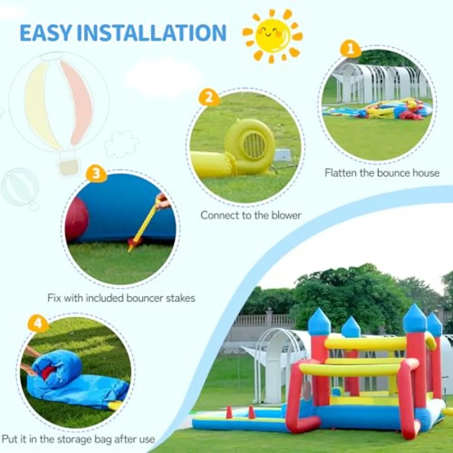 6in1 Opblaasbaar Springhuis voor 36 Springkasteel met Glijbaan Basketbalring Voetbaldoel Dartbord Trampoline Springkasteel fo