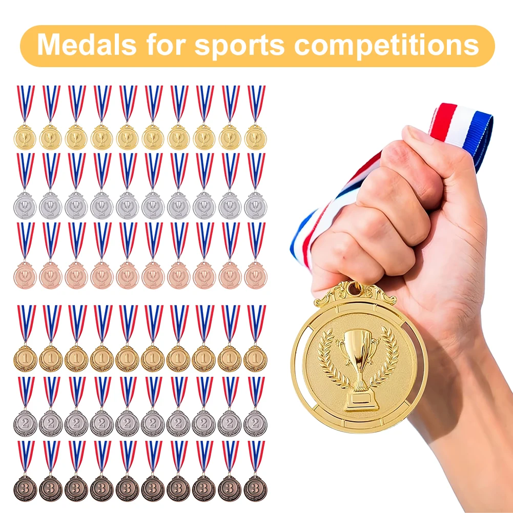 

30pcs 2inch Gold Silver Bronze Award Medal with Neck Ribbon Winner Award Medal Round Metal Medal for Kids School Sports Meeting