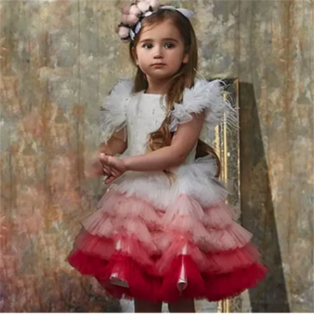 Short-sleeved Tulle Lace Layered Flower Girl Dress Princess Ball First Communion Dresses Kids Surprise Birthday Present