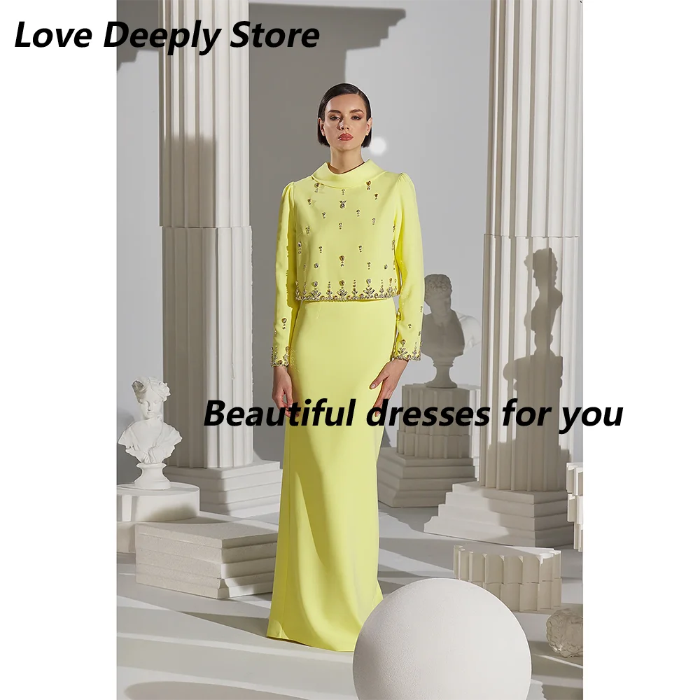 

Yellow Party Dresses High Neck Customized Crystal Beading Mermaid Prom Gown Jersey Long Sleeves Robe Soiree Evening Dress