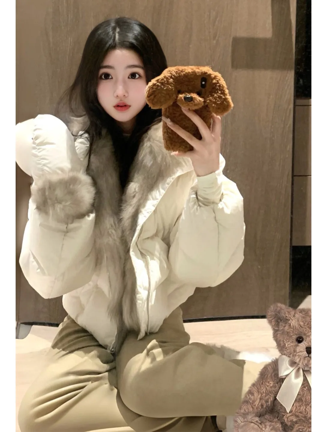 

Стильная белая утепленная куртка из хлопковой смеси с мехом в корейском стиле, модная легкая стеганая верхняя одежда для осенне-зимнего сезона